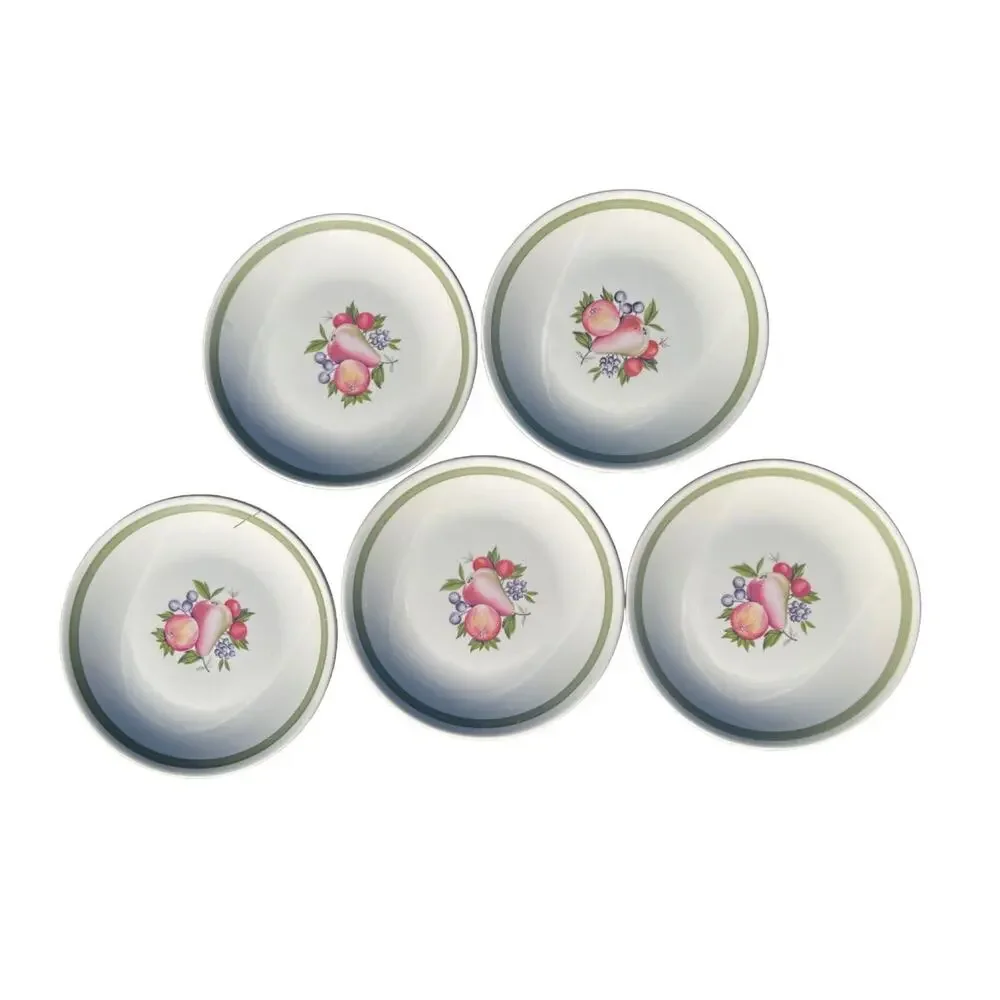 Vintage Set 5 Ridgway Pottery Fruit Plates Evesham England Green Border Dessert